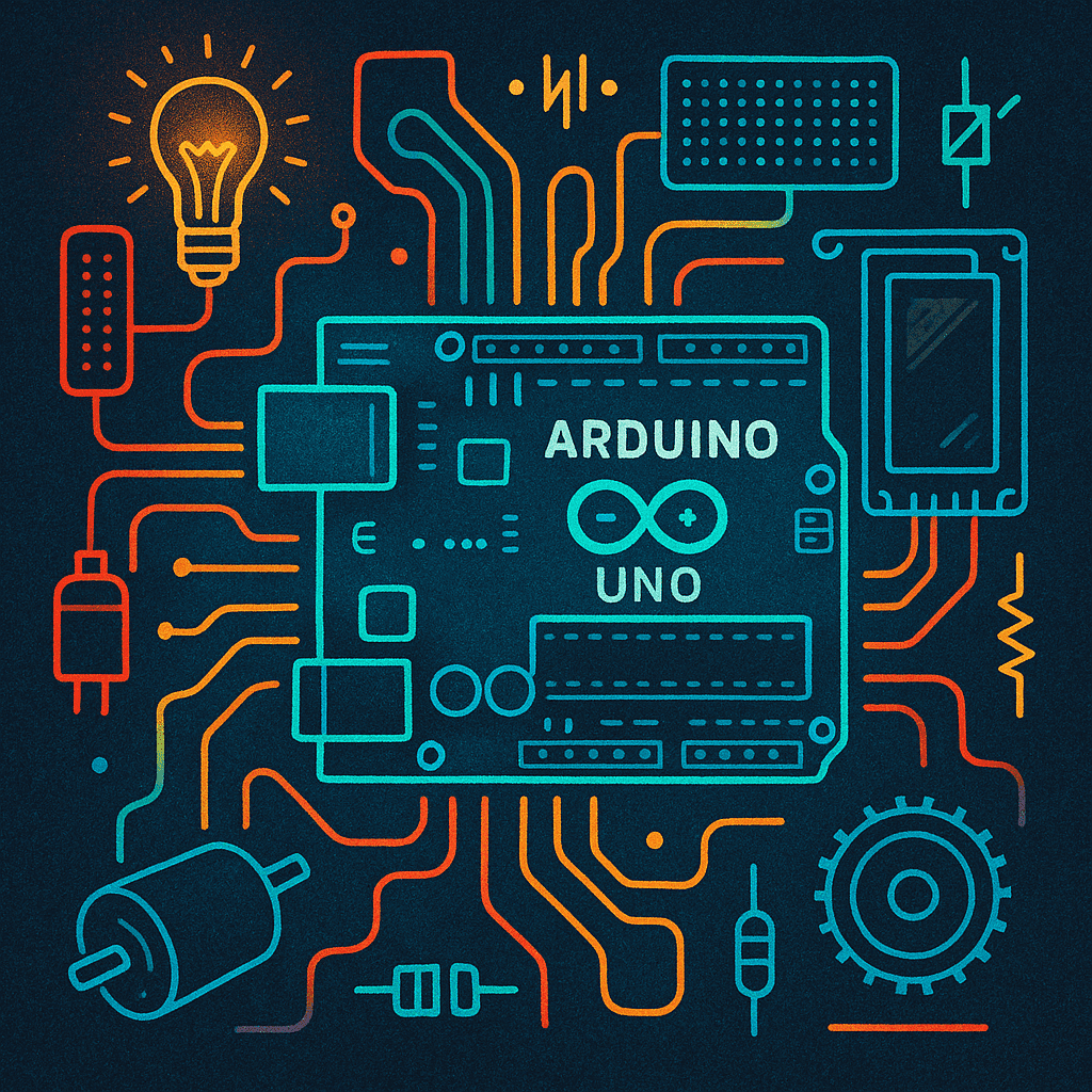 Artsy tech illustration of an Arduino UNO board with connected wires highlighting beginner electronics projects