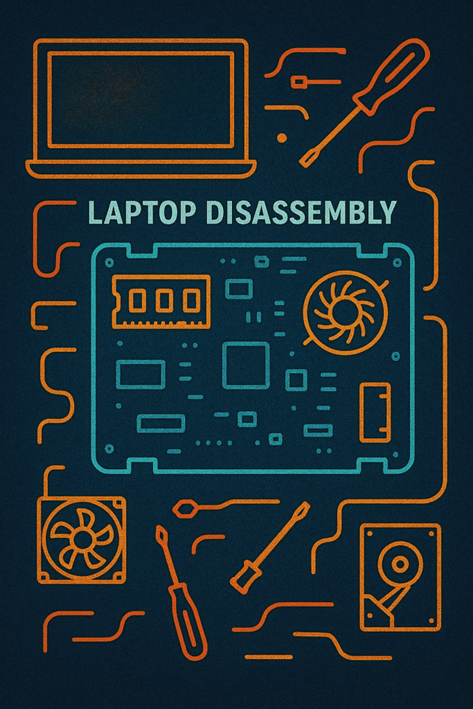 Stylized image of an opened laptop with internal components exposed for step-by-step disassembly tutorials.