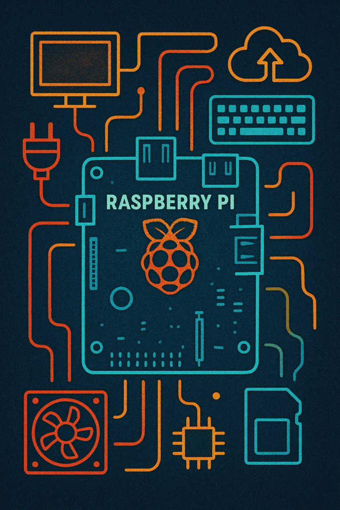 Creative graphic of a Raspberry Pi microcomputer showing ports and components for beginner programming tutorials