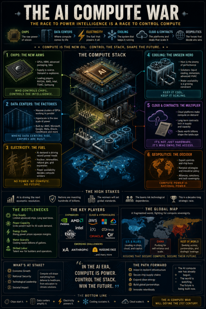 AI compute war infographic showing chips data centers electricity cooling cloud contracts and geopolitics