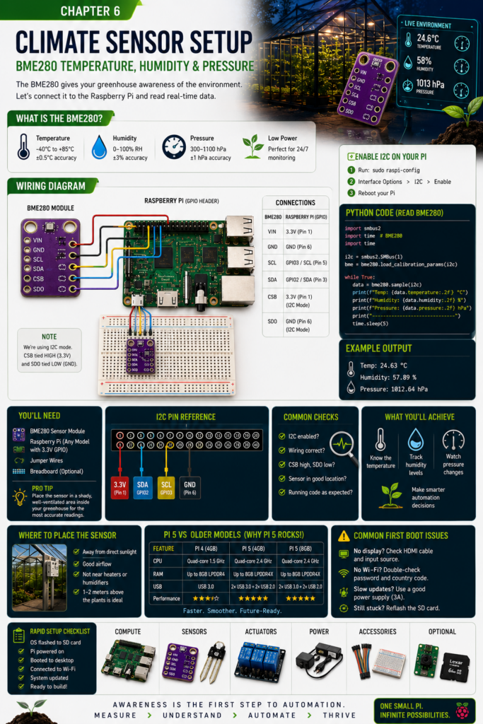 BME280 climate sensor setup infographic showing Raspberry Pi wiring, I2C pin connections, Python code, temperature, humidity, and pressure readings for a smart garden system.
