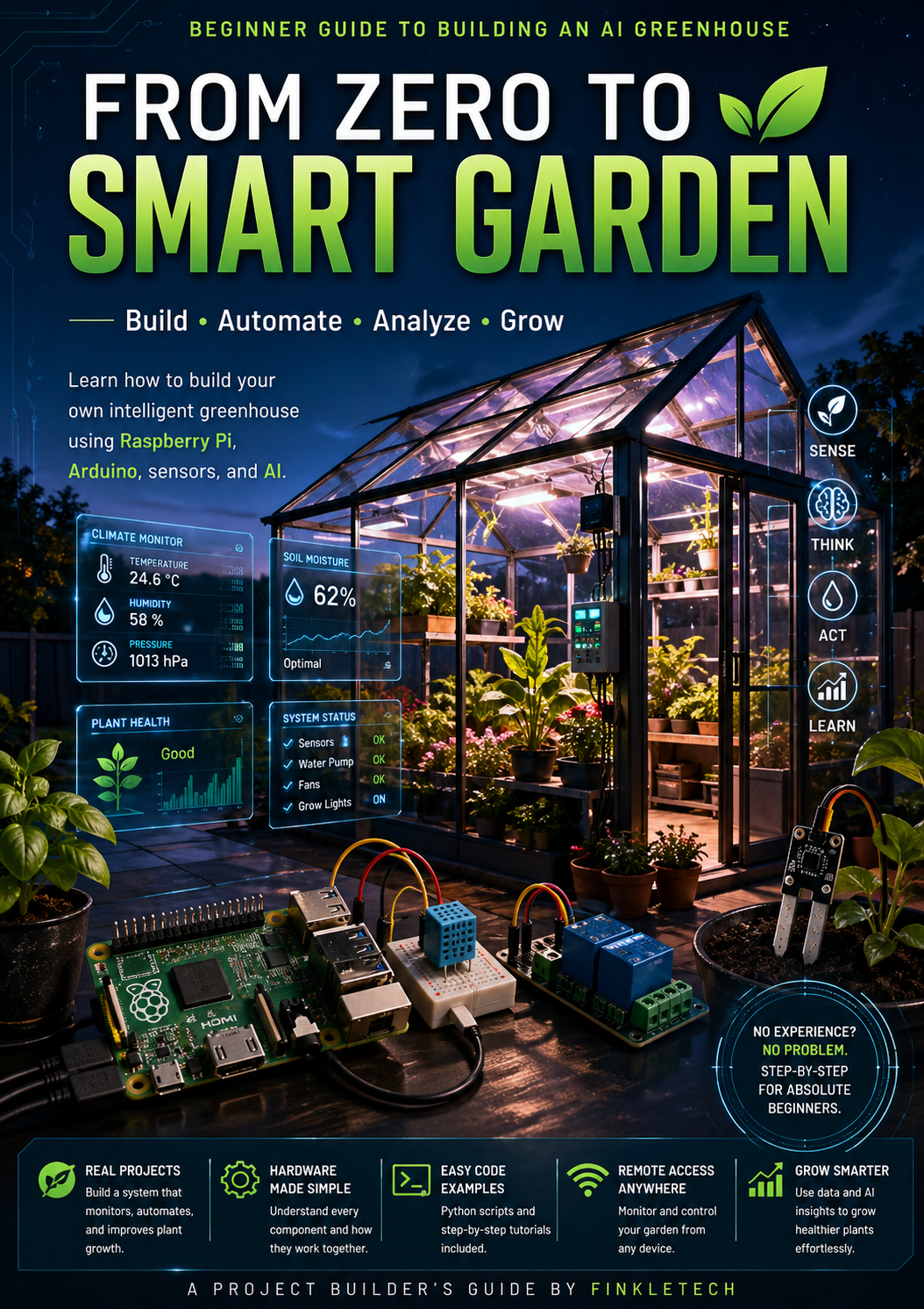 AI Greenhouse Builder PDF cover showing a smart garden automation system with Raspberry Pi, sensors, and dashboard.