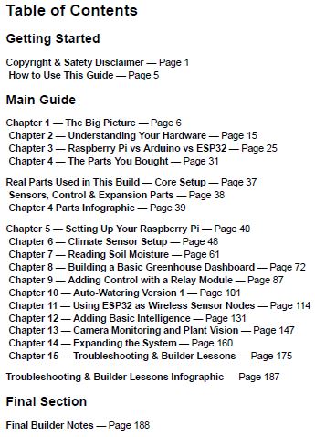 Table of contents preview for the From Zero to Smart Garden AI greenhouse PDF guide.