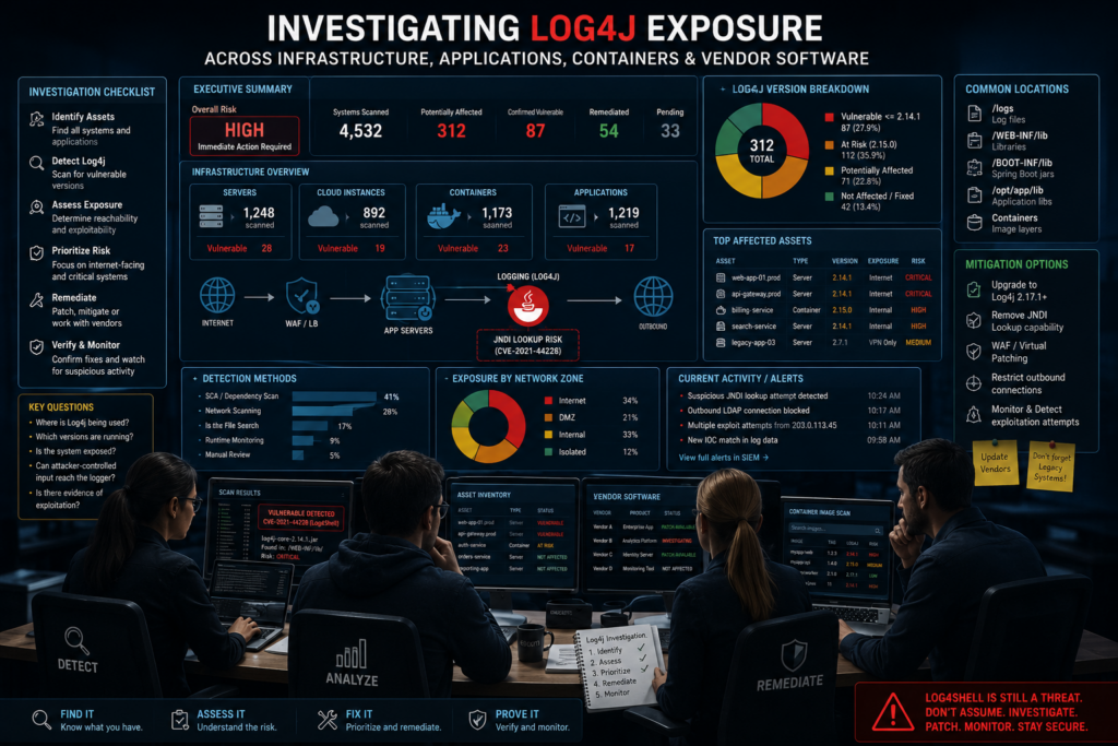 cybersecurity team investigating Log4j exposure