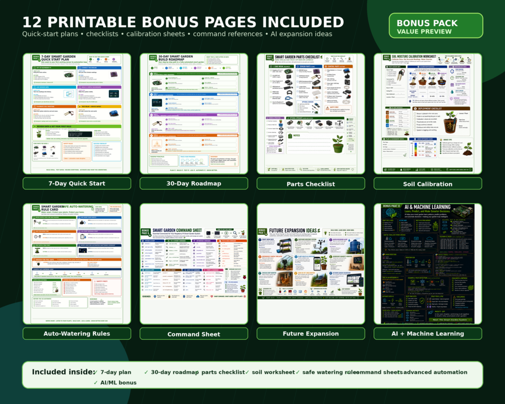 Preview collage of printable smart garden bonus pages including checklists, command sheets, worksheets, and AI automation references.