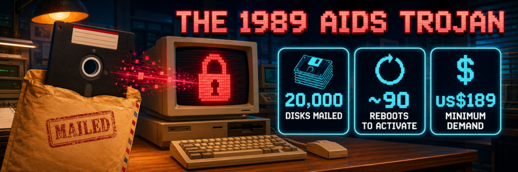 Wide retro banner showing the AIDS Trojan floppy disk with statistics about its mailing, activation and ransom demand.