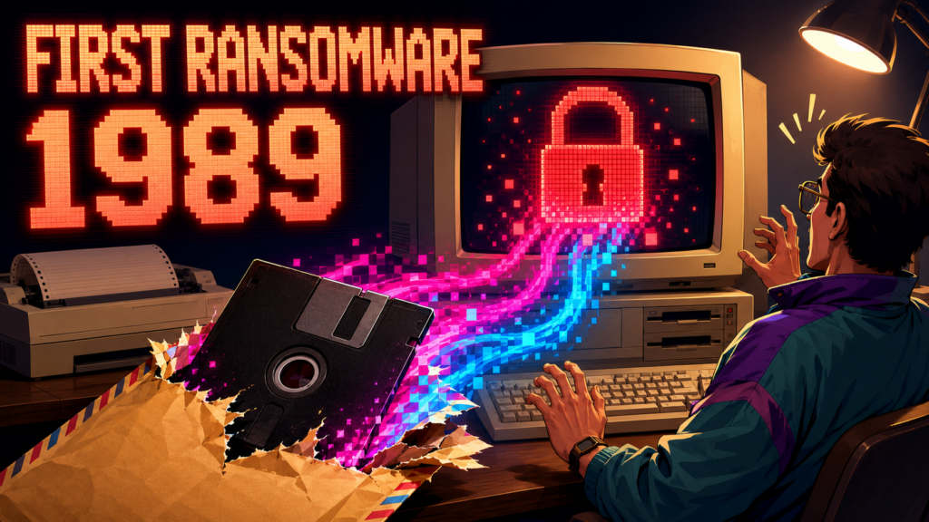 Cartoon illustration of a mailed floppy disk infecting a 1989 desktop computer with the first ransomware attack.