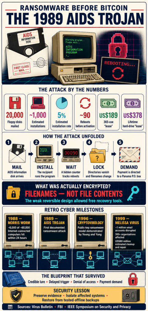 Infographic explaining how the 1989 AIDS Trojan worked, its ransom demands and major early cybersecurity milestones.