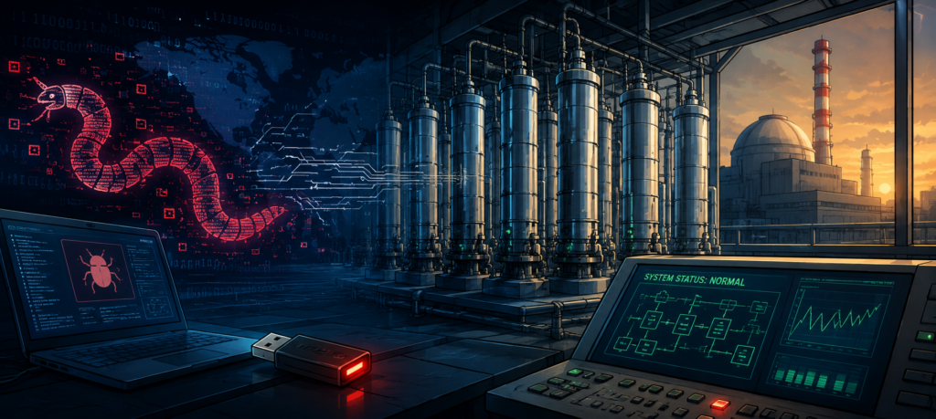 Wide illustration showing digital malware spreading toward industrial centrifuges while a control screen falsely displays normal system status.