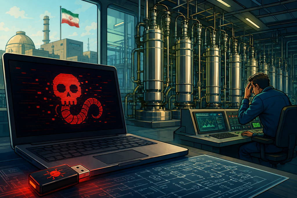 Cartoon illustration of a Stuxnet-style cyberattack targeting industrial centrifuges, with malware on a laptop, USB drive, and a worried control-room operator.