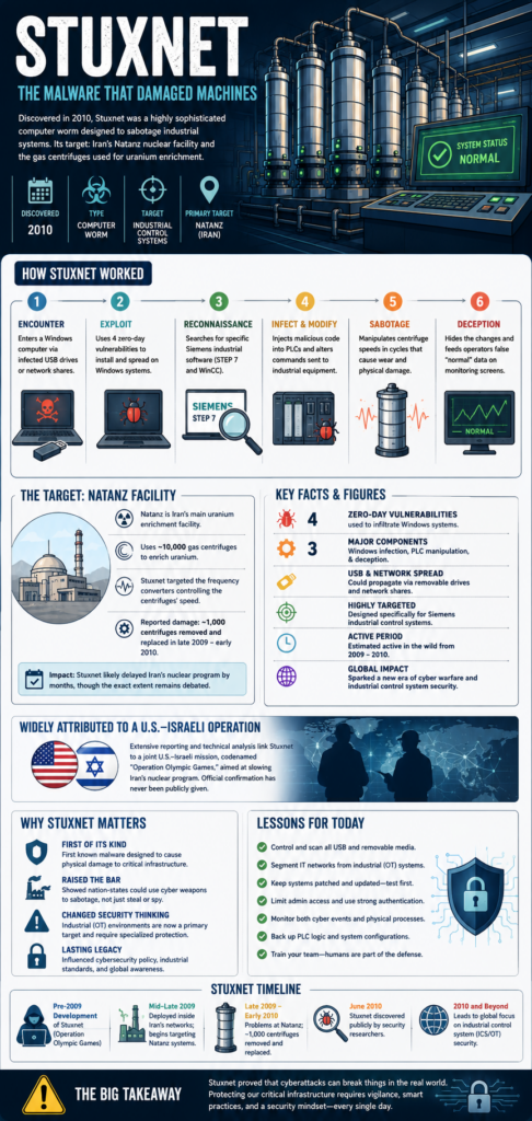 Portrait infographic explaining how Stuxnet spread through Windows systems, targeted Siemens industrial controls, sabotaged Iranian centrifuges, and changed cybersecurity.