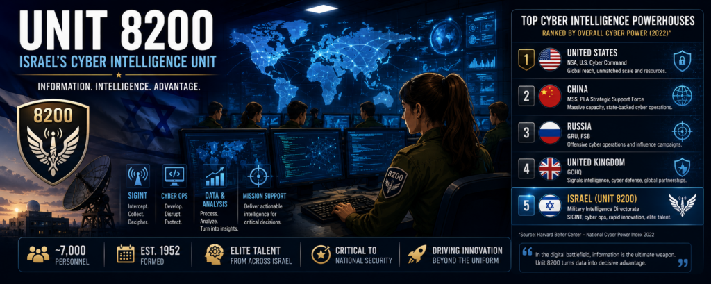Wide cyber intelligence banner showing Unit 8200 analysts, signals intelligence technology, a global network map, and a country-level cyber power comparison.