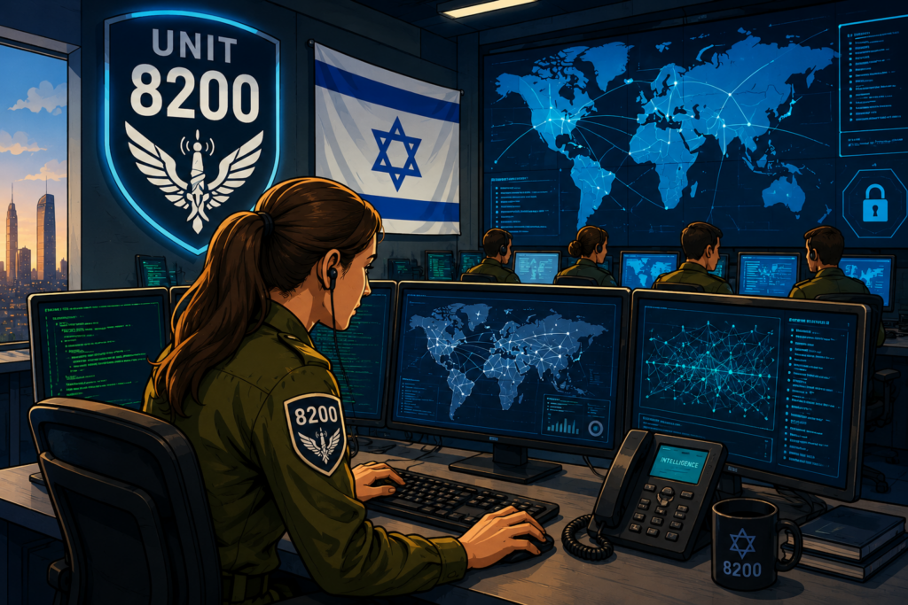 Cartoon-style illustration of Israeli Unit 8200 analysts working in a high-tech cyber intelligence command centre with global network maps and security monitors.