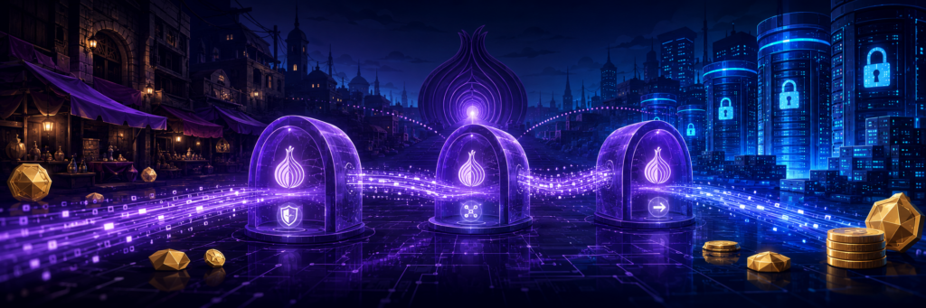 Wide illustration of encrypted data travelling through Tor relays between a hidden marketplace and secured database servers.