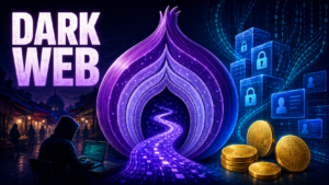 Cartoon illustration of a glowing Tor onion portal connecting a hidden marketplace, encrypted databases and cryptocurrency.