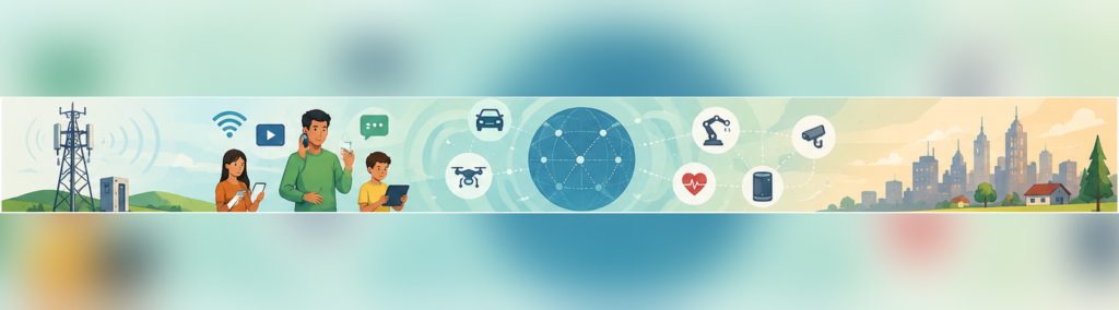 Illustrated wireless network connecting people, smartphones, vehicles, drones, smart devices and city infrastructure.