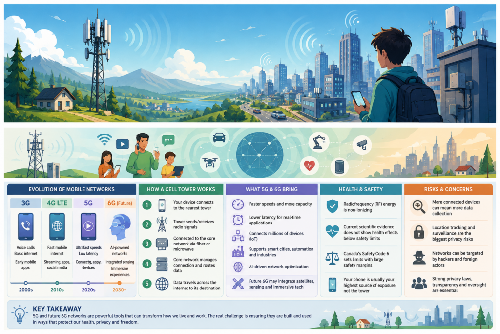 Visual guide comparing 3G, 4G, 5G and future 6G, explaining cell towers, health evidence, privacy risks and network capabilities.
