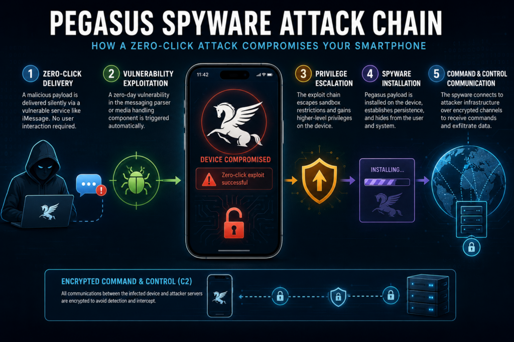Pegasus spyware zero-click attack chain showing smartphone exploitation, privilege escalation and command-and-control communication