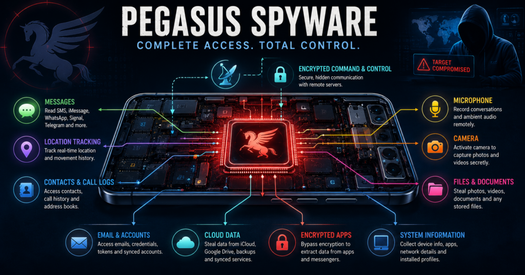 Pegasus spyware compromising a smartphone with surveillance access to messages, location, microphone, camera and files