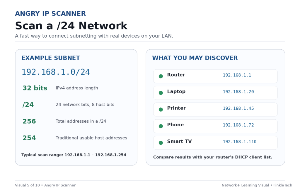 Angry IP Scanner infographic showing a 192.168.1.0/24 subnet scan with example router, laptop, printer, phone, and smart TV IP addresses.
