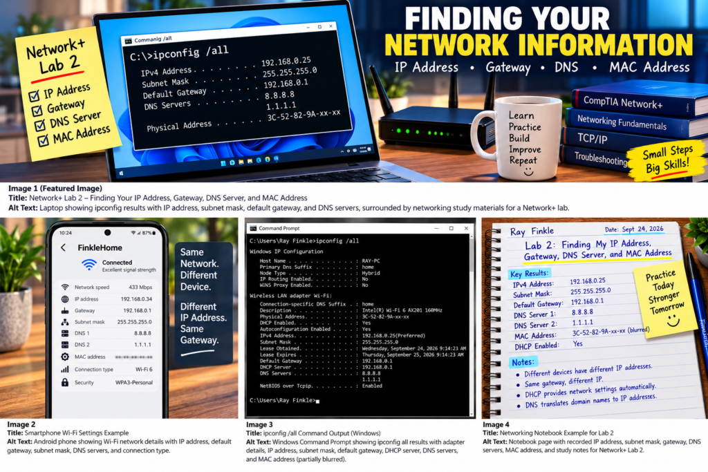 Finding Your Network Information Network+ Lab 2 infographic showing a laptop, smartphone, Command Prompt, and notebook examples for finding an IP address, gateway, DNS server, and MAC address.