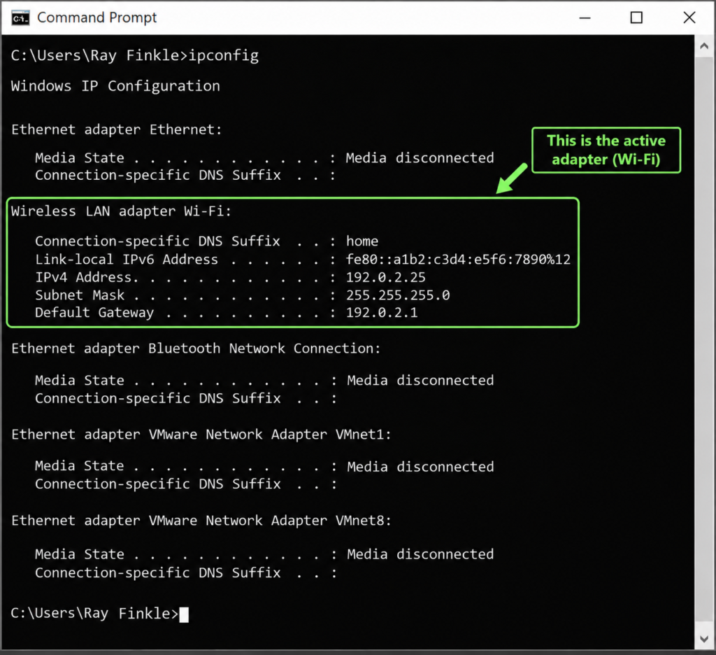 Identifying the Active Network Adapter Annotated Windows ipconfig output highlighting the active Wi-Fi adapter, IPv4 address, subnet mask, and default gateway.