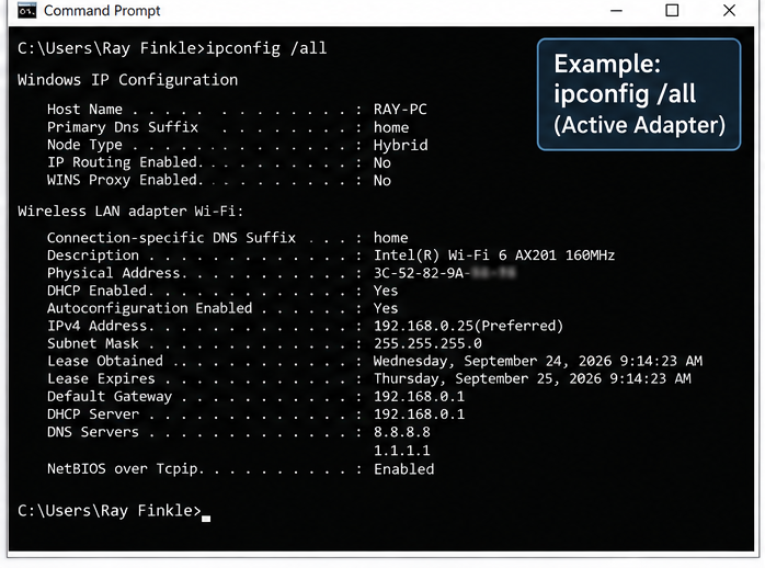 Windows Command Prompt showing ipconfig all results for fictional user Ray Finkle, including IPv4 address, subnet mask, gateway, DNS servers, DHCP status, and network adapter information.