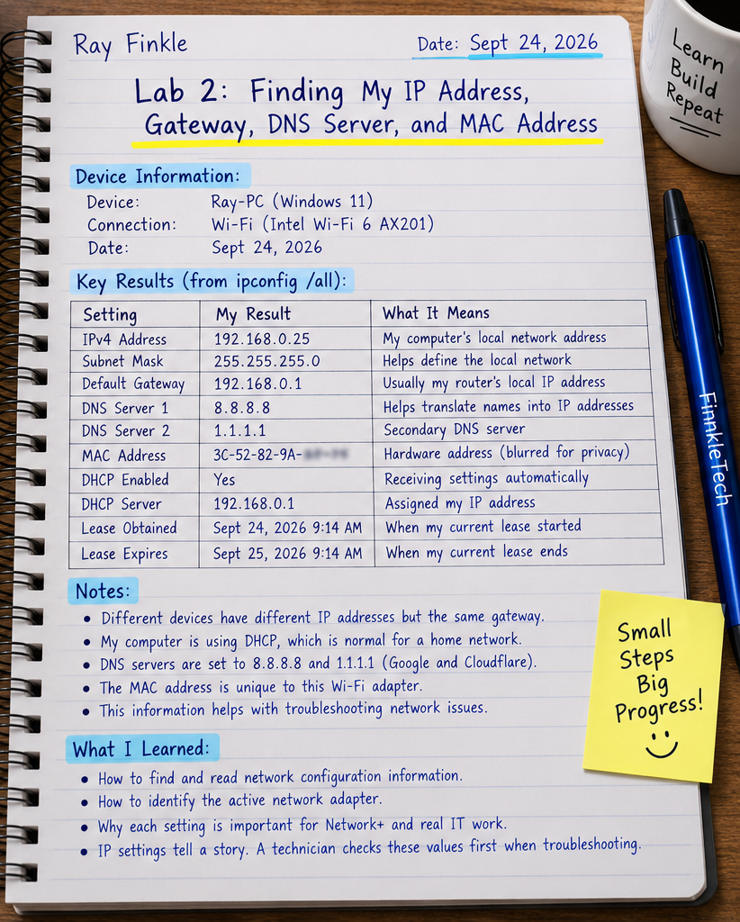 Networking notebook prepared for Lab 2 with spaces to record IPv4 address, subnet mask, default gateway, DNS servers, DHCP status, MAC address, and personal notes.