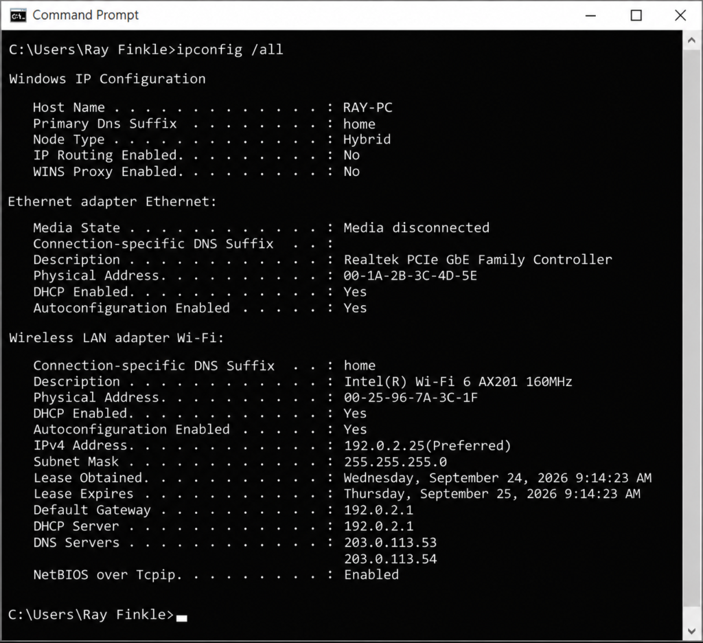 IPConfig All Network Configuration Windows Command Prompt showing ipconfig all results for fictional user Ray Finkle, including IPv4 address, subnet mask, gateway, DNS servers, DHCP status, and network adapter information.
