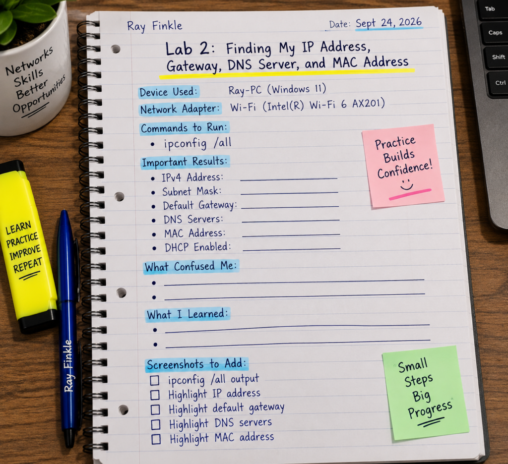 Completed networking notebook showing recorded IPv4 address, subnet mask, default gateway, DNS servers, DHCP information, MAC address, and troubleshooting observations.