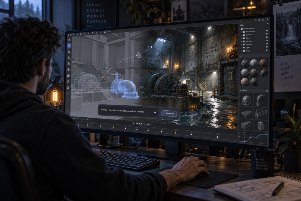 Creator using AI-assisted Blender tools to build a realistic hydroelectric station scene.