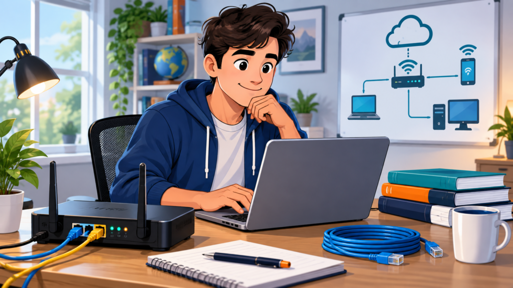 Cartoon-style networking lab illustration showing a student at a laptop with a router, Ethernet cables, certification books, and a home network diagram on a whiteboard.