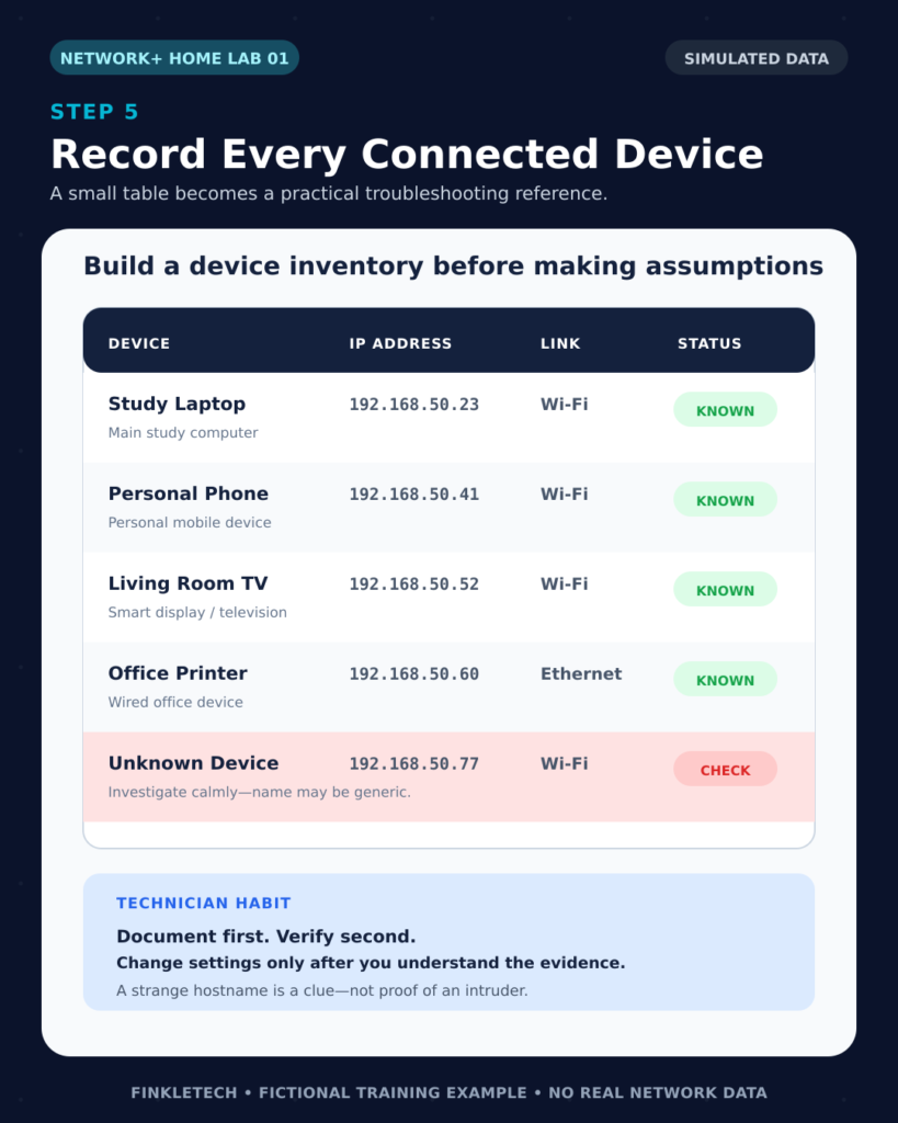 Example home-network inventory listing devices, private IP addresses, connection types, and identification status.