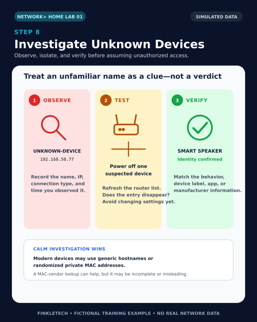Three-stage process for calmly observing, testing, and identifying an unknown network device.