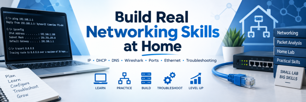 FinkleTech Networking Labs with laptop, router, Ethernet cable, Wireshark, and Network+ practice tools