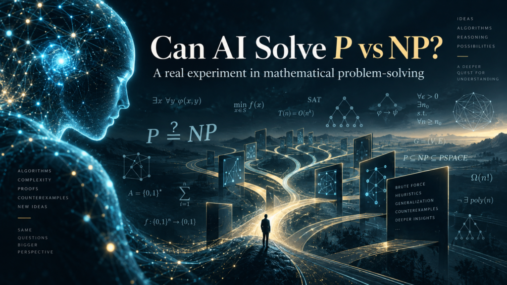 Futuristic AI figure surrounded by mathematical equations, branching algorithms, and glowing pathways illustrating an experiment to solve the unsolved P vs NP problem.