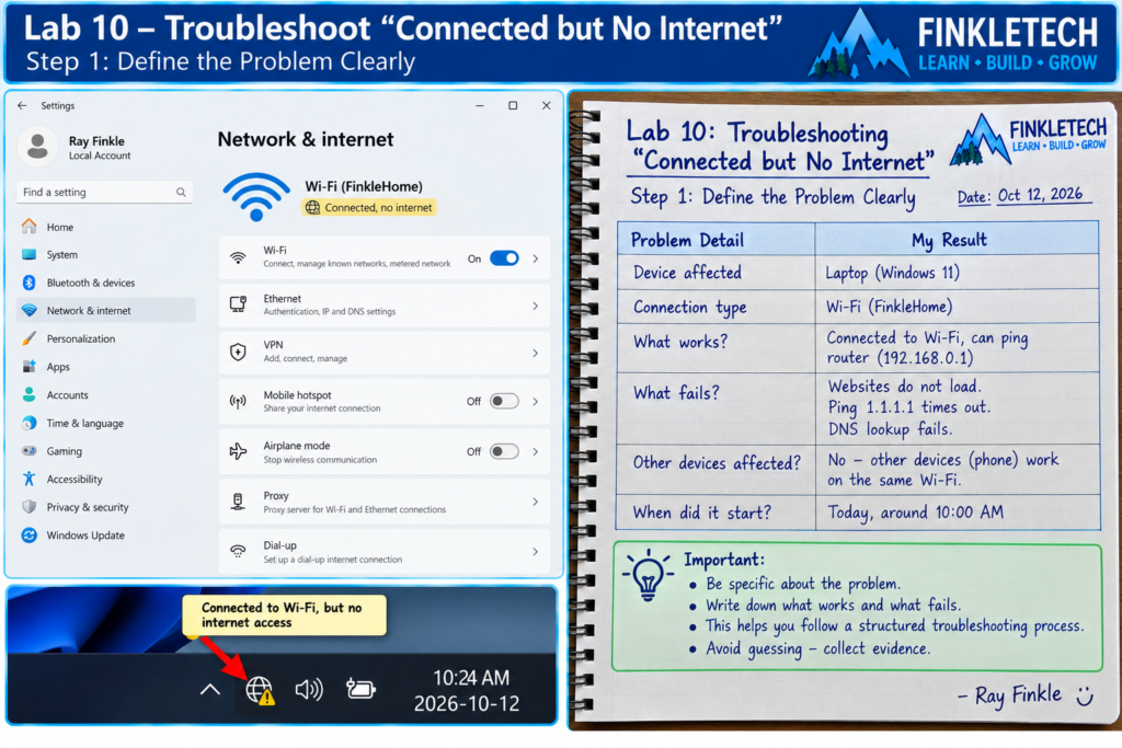 Insert screenshot/photo here: Device network status showing connected but no internet, if available