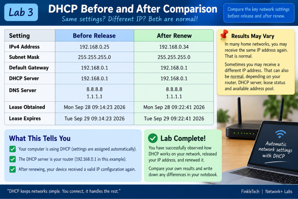 Your completed before-and-after DHCP comparison table