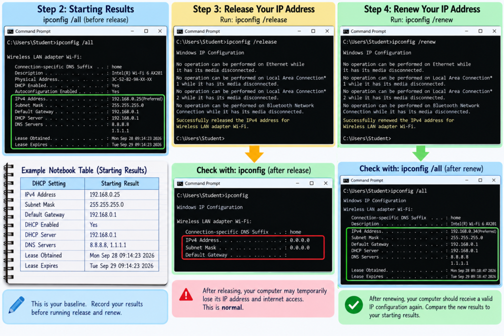 ipconfig /renew command output or renewed ipconfig /all results