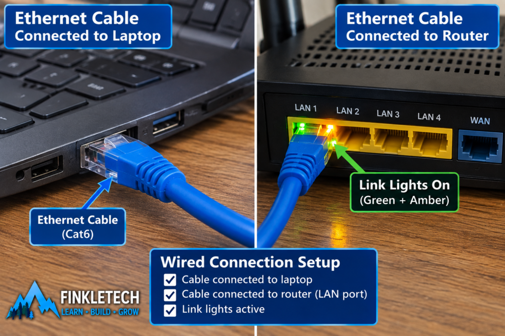 Ethernet cable connected to router LAN port with link lights visible