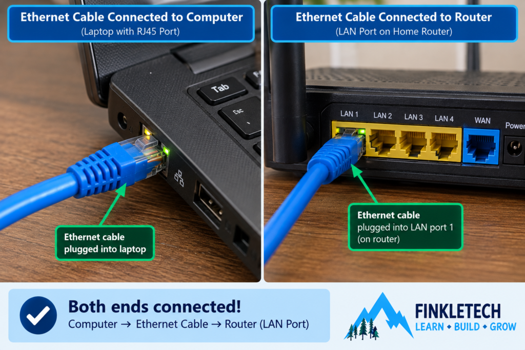 Ethernet cable plugged into computer and then a router