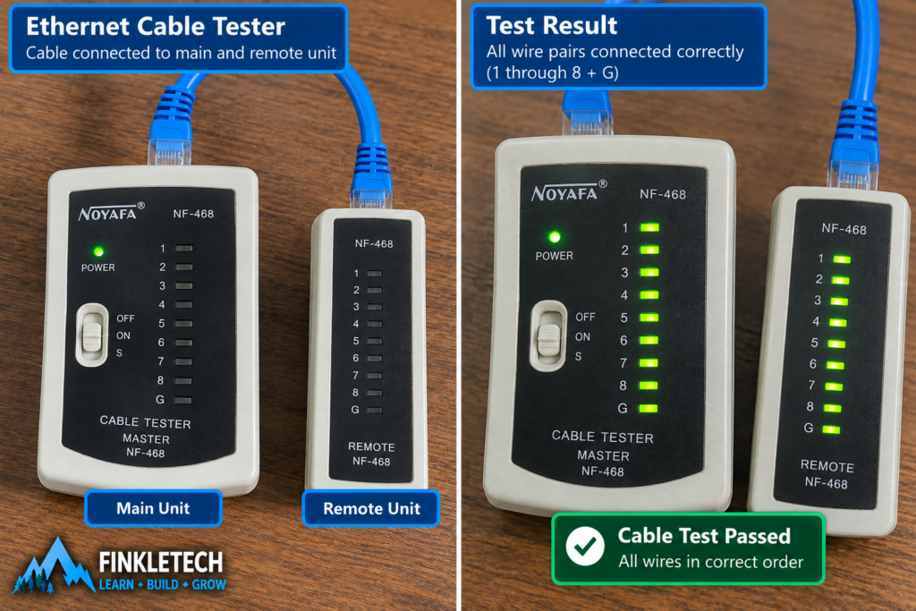 Ethernet cable tester connected to cable