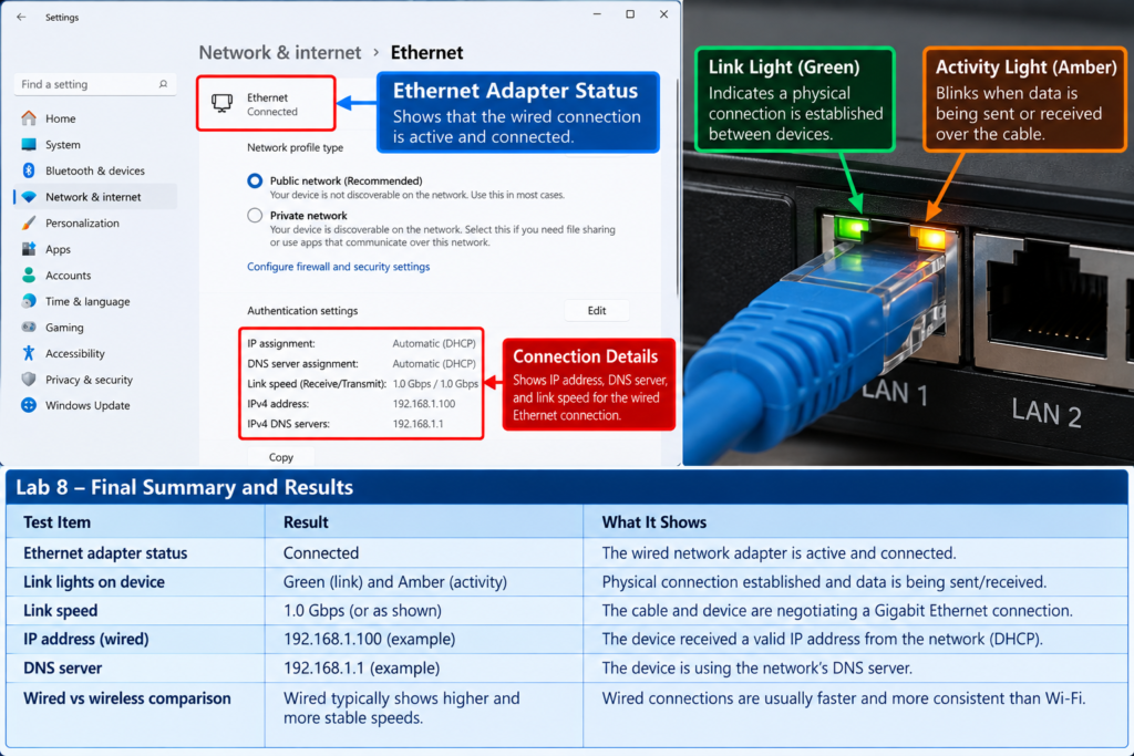 Final lab summary showing Ethernet adapter status, link light photo, and notebook results
