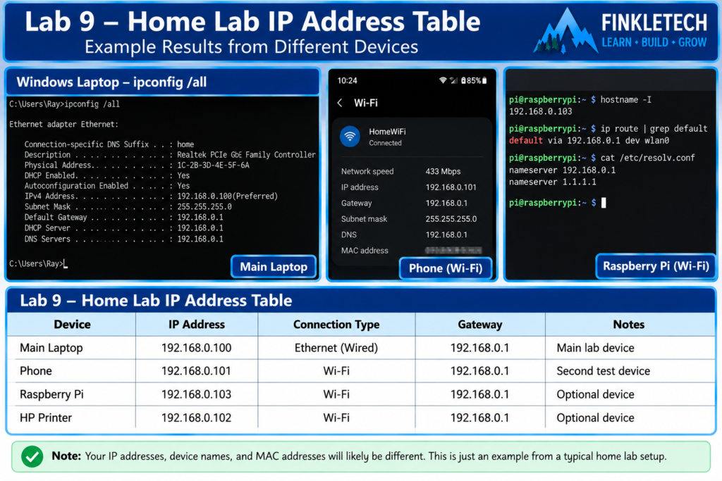 Completed IP address table for your home lab