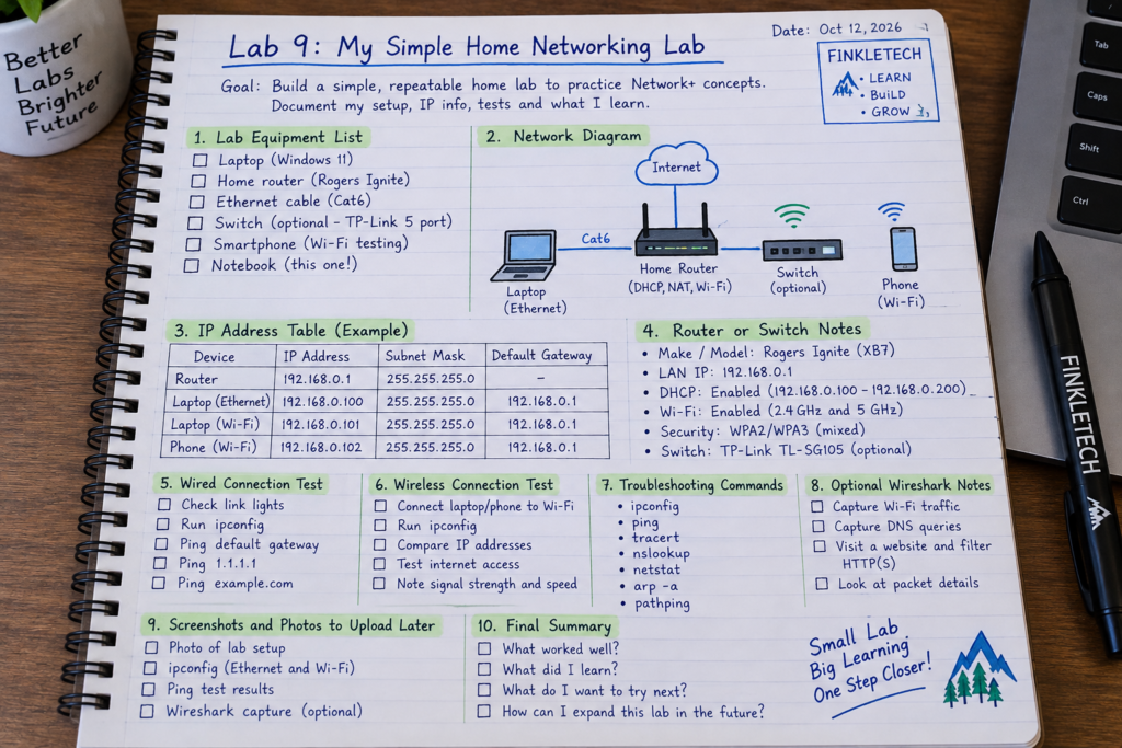 Your networking notebook page showing your home lab equipment list and first diagram