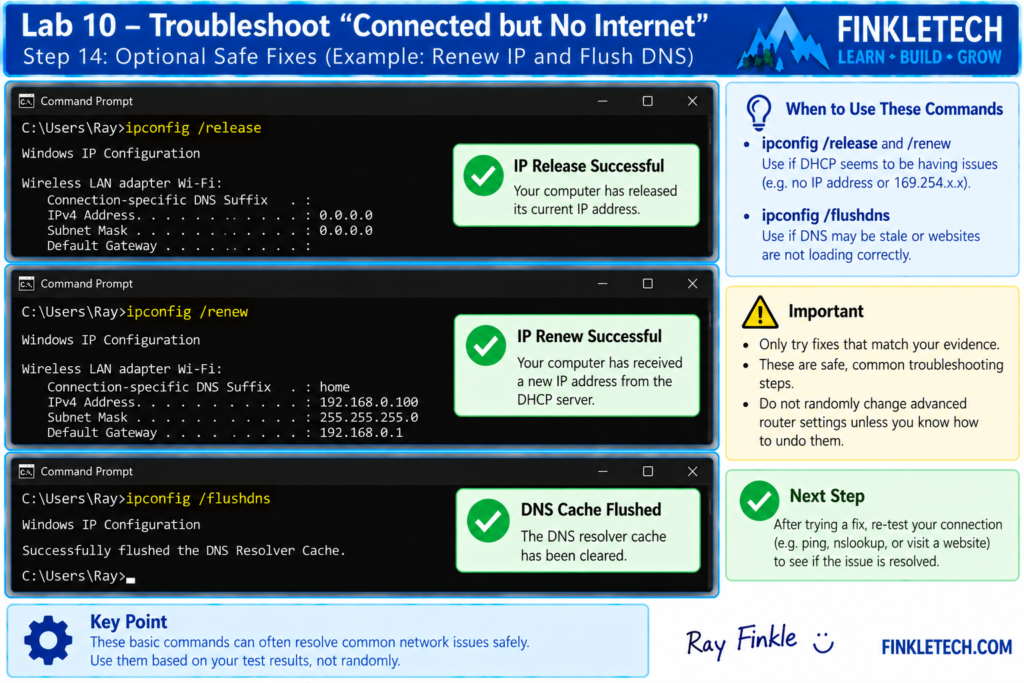 Optional fix command result, such as ipconfig /renew or ipconfig /flushdns