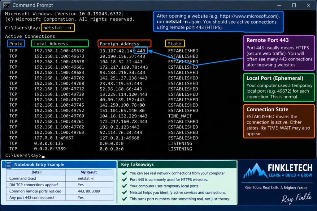 netstat output after visiting a website, with port 443 visible if possible