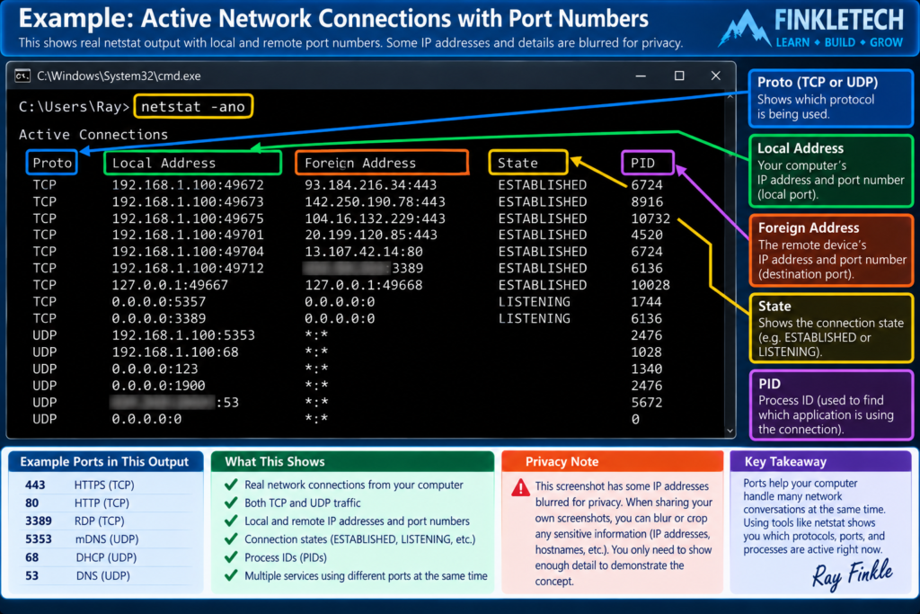 Cropped command output showing port numbers with private details blurred