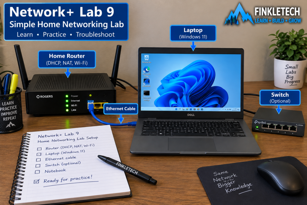 completed simple home networking lab setup with router, laptop, Ethernet cable, notebook, and any optional switch or extra device
