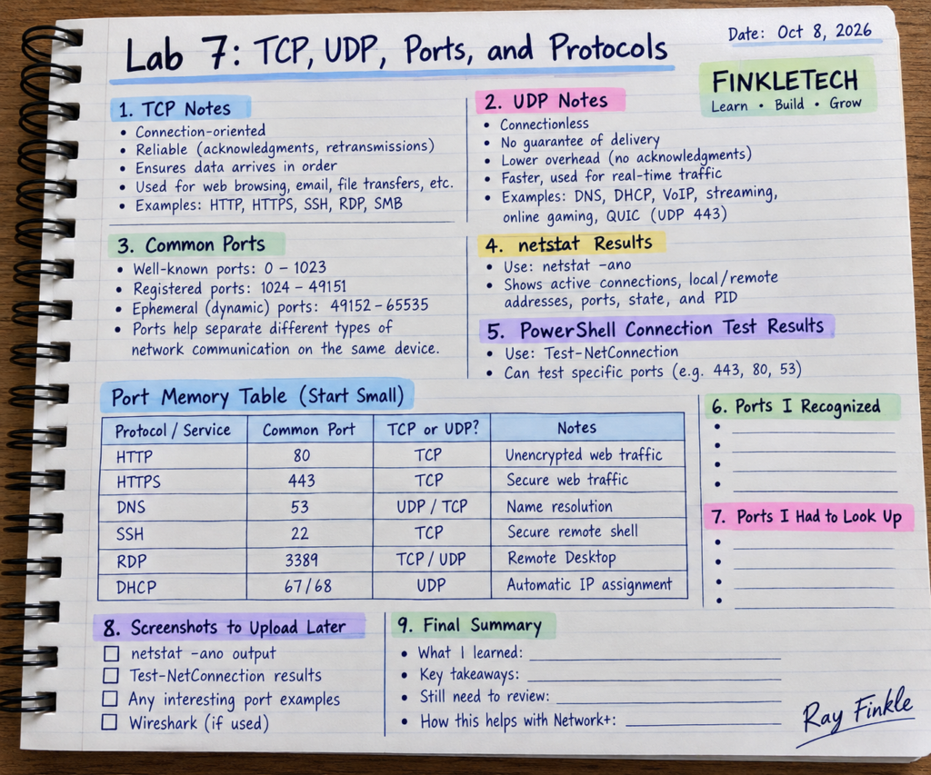Your networking notebook page with the port memory table started